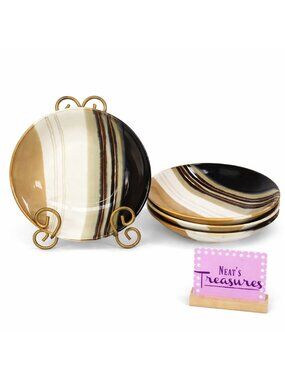 Home Trends JAZZ Textured Green Brown Stripe Stoneware Soup Cereal Bowls Set 4